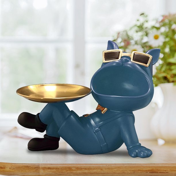 Decoración De Almacenamiento Decoración de caja de almacenamiento de Bulldog con escultura de mesa de resina de paleta para el hogar (azul) Wdftyju Libre de BPA