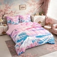 thumbnail image 2 of Manfei Pastel Fuji Wave Twin Bedding Sets for Home, Sakura Crane Bedding Comforter Set for Office, Pink Blue White, Pink Reversible7-Piece, 2 of 6