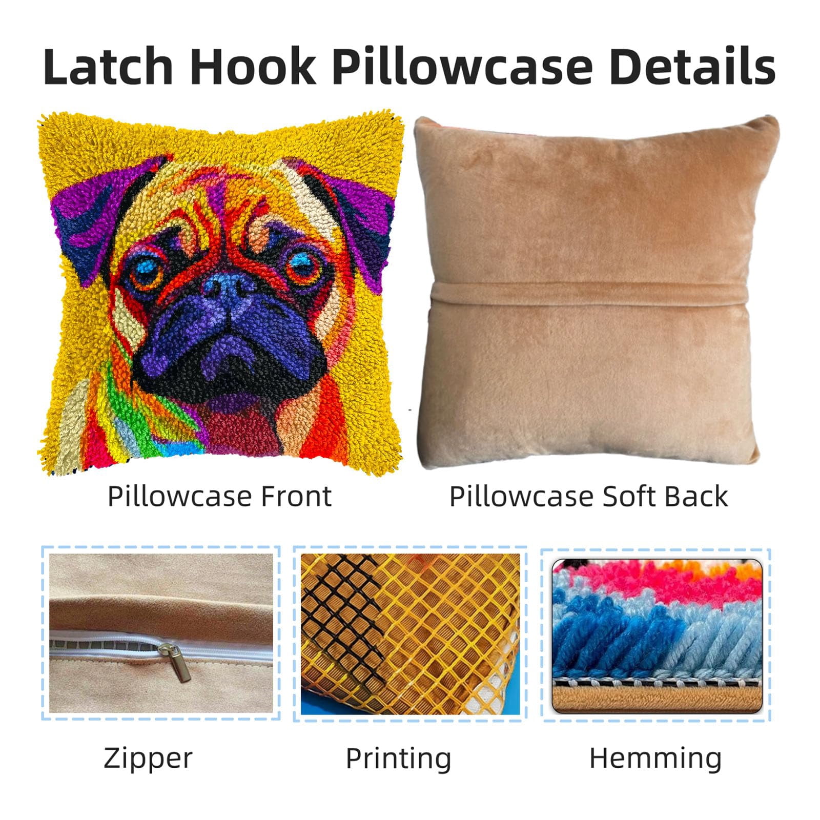 Pug Dog Colored DIY Latch Hook Pillow Kits for Adults Printed Pillowcase Crochet Yarns Hooking Handmade Pillow Cover Cushion for Home Sofa Decoration 17x17inch