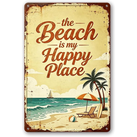 Funny Metal Beach Signs, Summer Outdoor Wall Decor The Beach Is My Happy Place Vintage Coastal Wall Art for Beach House Pool Patio Backyard, Gift For Men Women