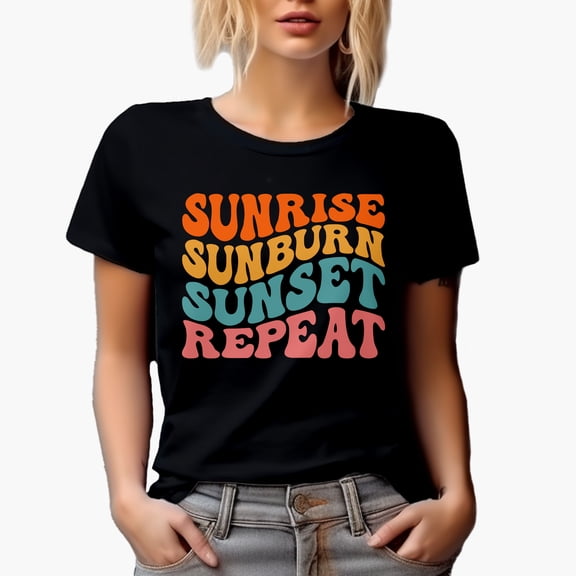 Sunrise, Sunburn, Sunset, Repeat, Summer Season Quote, Groovy Retro Wavy Text Merch Gift, Black T-Shirt, Small