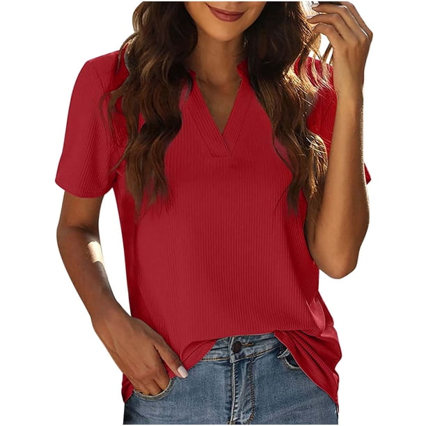 Mujeres sueltas casual manga corta cuello pico sólido casual blusa camiseta túnica tops Fridja ghk5044