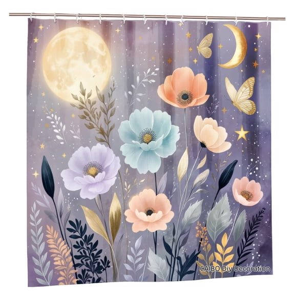 Joocen Polyester Shower Curtain Moon Flowers Butterflies Night Sky Design For Home Bathroom Bath Tub Decoration 72x72 inch