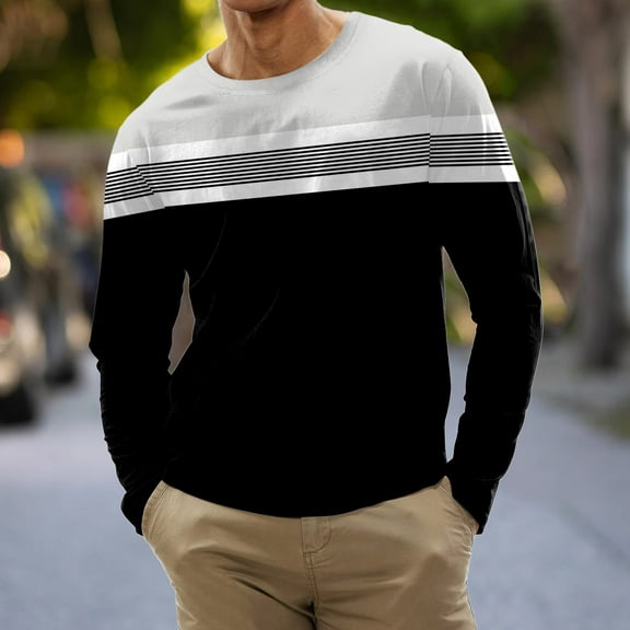 Goodtrade8 Mens Tops Plus Size Color Block Casual Long Sleeve Black Crew Neck Shirts for Men Plus Size