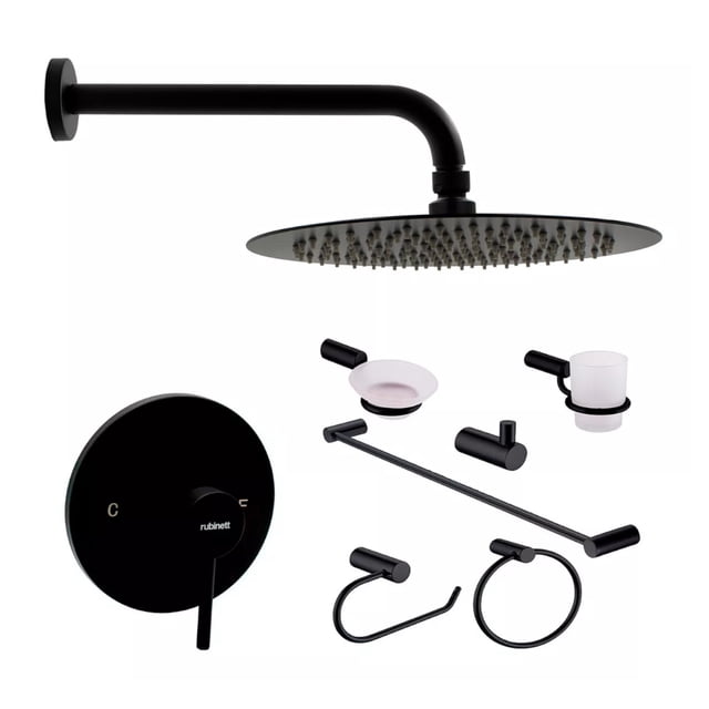 Juego Baño Redondo Regadera 25cm Monomando 8 Piezas Negro Lujo