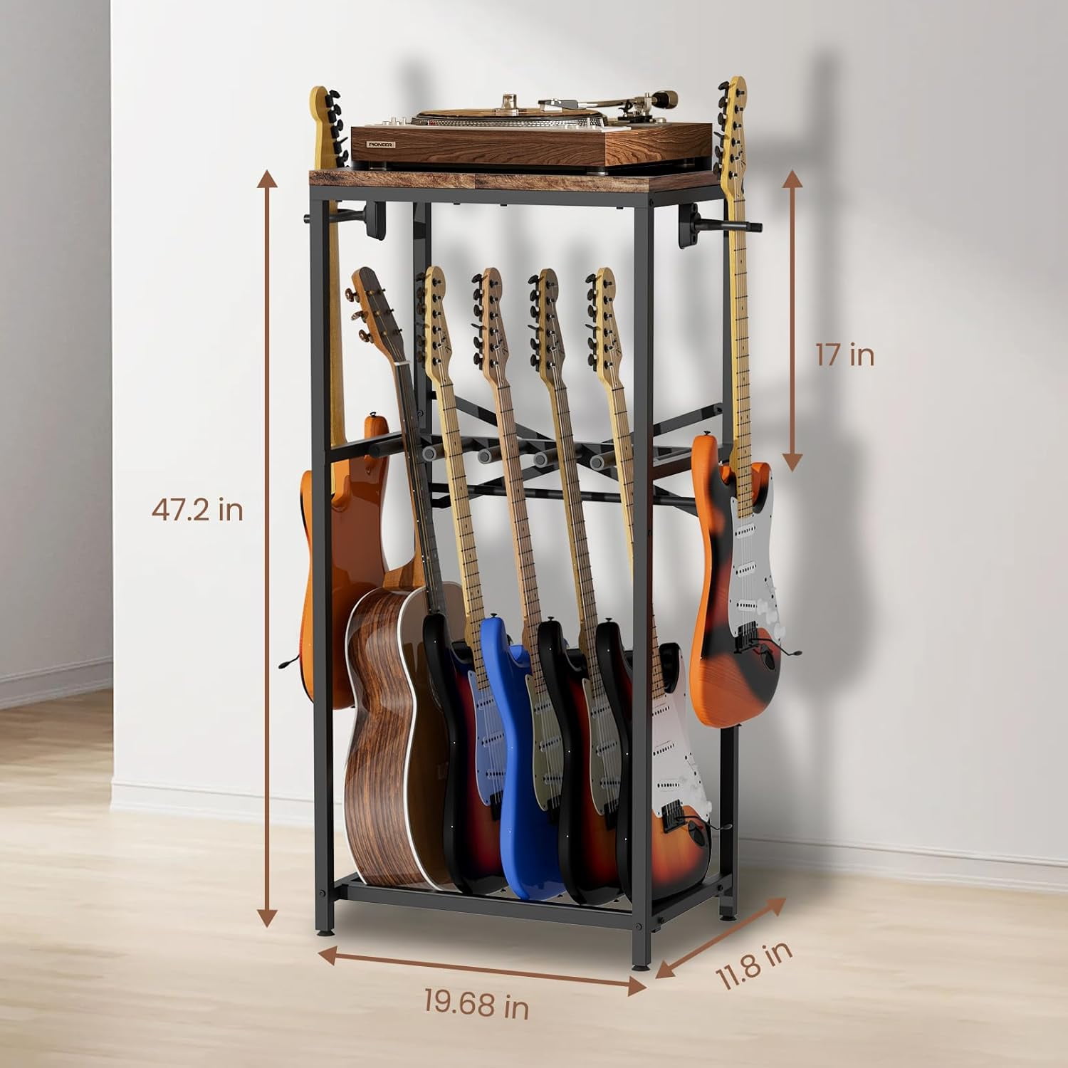 Guitar Stand for Multiple Guitars, Guitar Rack for Acoustic Guitar, Electric Guitar, Bass and Ukulele, Rustic Guitars Display Stand with 2 Guitar Hangers, Gold