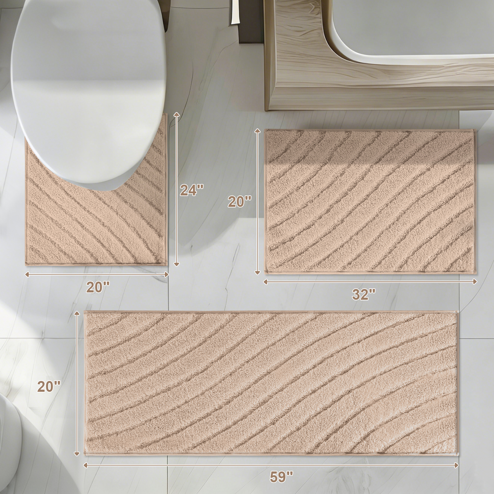 Findosom 3pcs Bathroom Rugs Set with U-Shaped Mat,Non Slip Machine Washable Wave Bath Mat,Ultra Soft Plush Shower Rugs for Bathroom,Tub,Shower20"x32"+20"x59"+U 20"x24"Beige