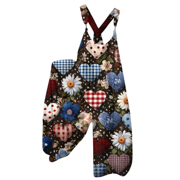 Fgvctg Valentine's Day Jumpsuits for Women Overalls Wide Leg Pant Date Night Spaghetti Straps Vintage Love Heart Print Jumpsuits Sleeveless Bib Overalls Sprimg Romper Clothing With Pockets Brown L