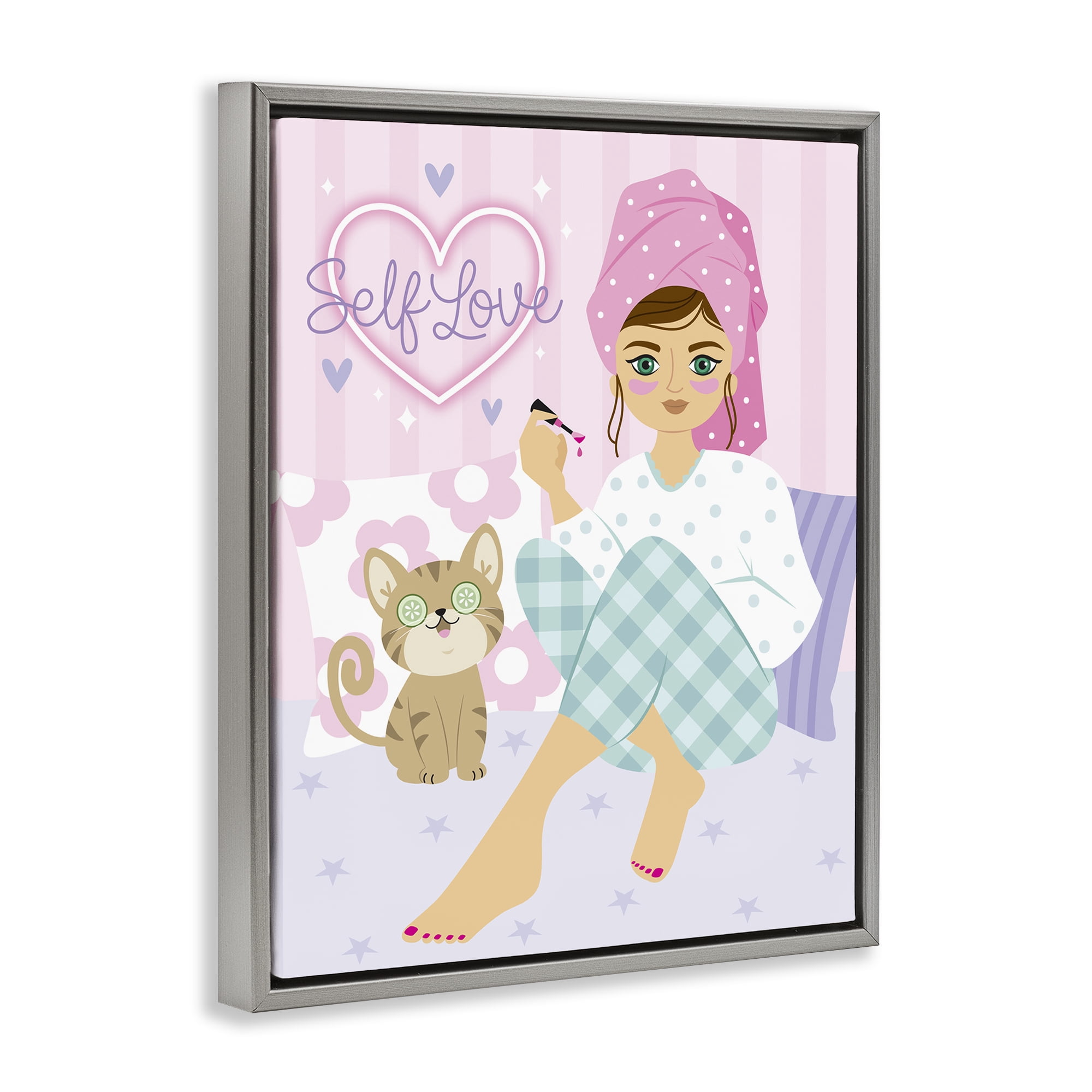 Stupell Industries Self Love Girl & Cat People Painting Gray Floater Framed Canvas Art Print Wall Art, 25 x 31