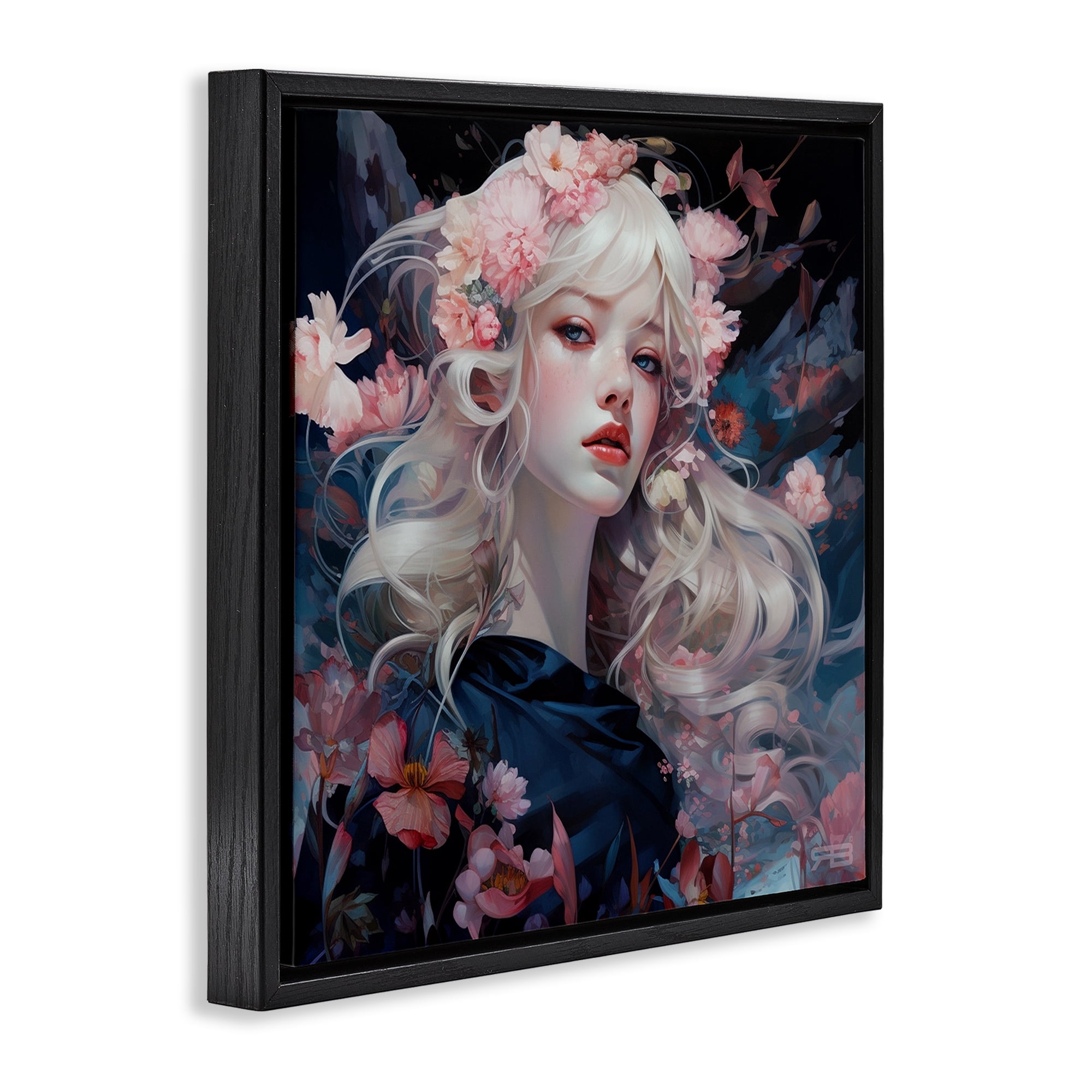 Stupell Industries Delicate Florals Portrait People Painting Black Floater Framed Canvas Art Print Wall Art, 18 x 18