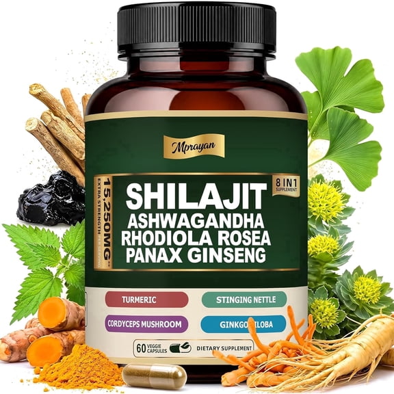 MPRAYAN Ashwagandha Capsules, 8-in-1 Herbal for Men and Women, with Rhodiola Rosea, Ginseng, and Stinging Nettle, Shilajit