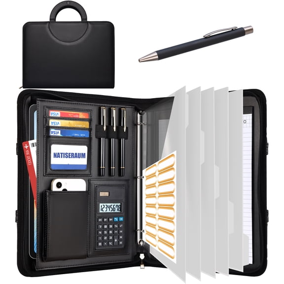 NATISERAUM Portfolio Binder, 3-Ring Padfolio with Magnetic Handle, Pen, Notepad, 5 Dividers & 10 Pockets for Business/School/Work