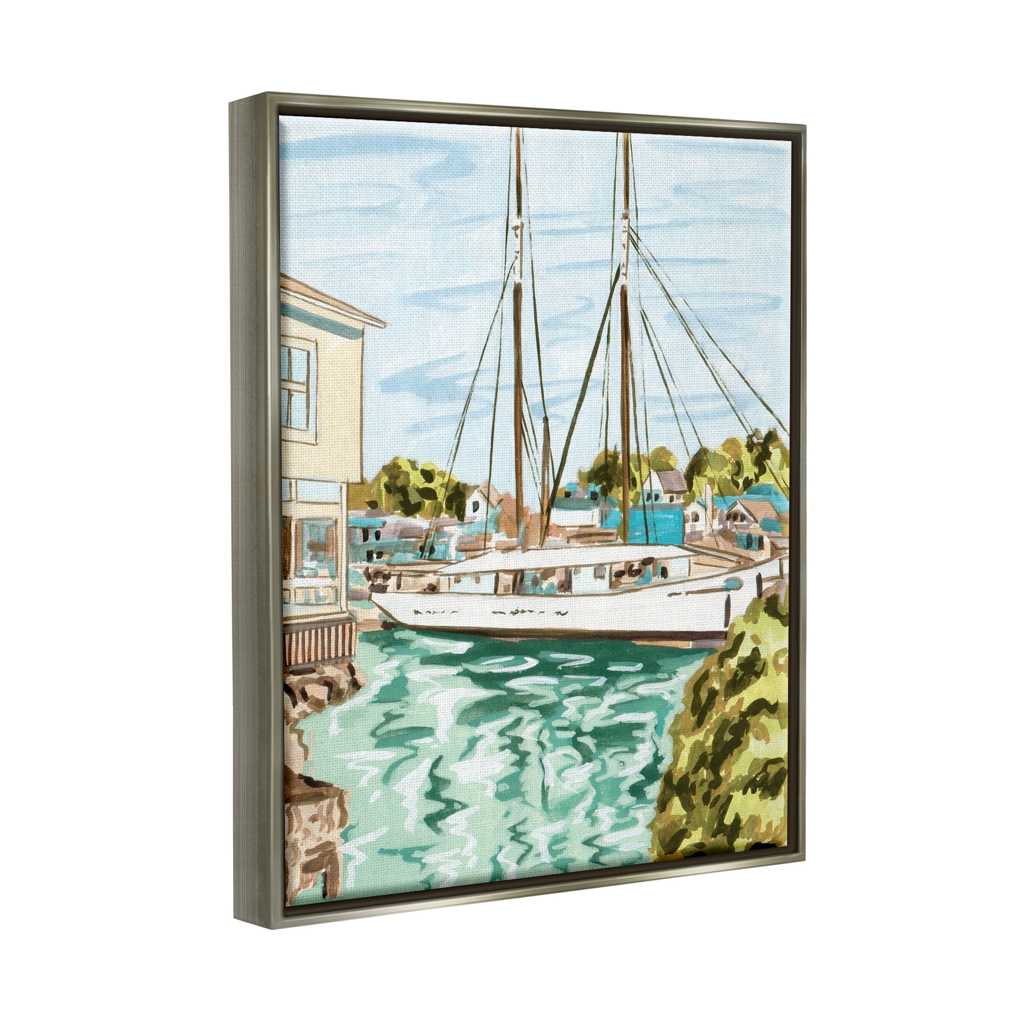 Stupell Industries Coastal Town Marina Transportation Painting Gray Floater Framed Art Print Wall Art, 17 x 21