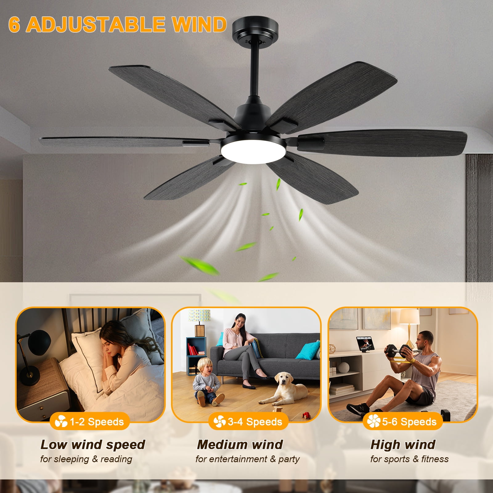 Ceiling Fans with Lights, 52 Inch Ceiling Fan with Light and Remote, 3CCT Dimmable, 6 Speed Reversible DC Motor,5 Blades Modern Black Ceiling Fan for Bedroom, Indoor/Outdoor Use