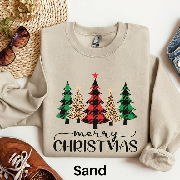 Plaid Christmas Trees Sweatshirt, Leopard Christmas Season Sweater, Western Holiday Sweatshirt, Crewneck Sweatshirt, Cute Christmas Shirt 1574996576