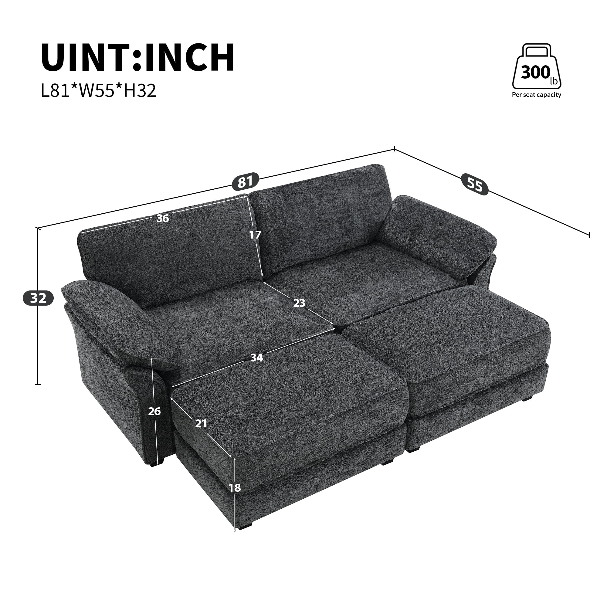 MAYEERTY Modular Convertible Sectional Sofa Bed - 4-Seat Upholstered Sleeper Corner Couch, Deep-Seat Loveseat with Ottoman for Living Room/Office, 2 Colors