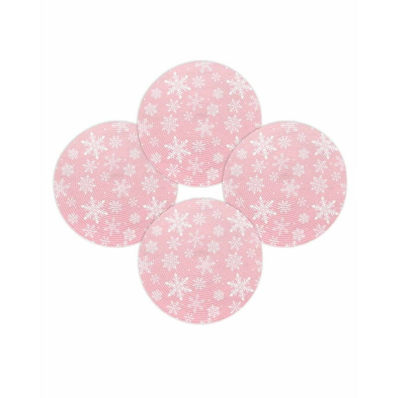 Christmas Round Placemats Set of 4 White Snowflake Place Mats Washable Woven Placemat Pink Winter Snow Circle Braided Table Mat for Kitchen Dining Table Party Home Decor 15 Inch