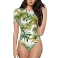 thumbnail image 2 of Goofa Green Hawaii Palms Printed Women Rash Guard Short Sleeve,Tummy control Swimsuit Surfing Swimsuit Bathing Suit One Piece Swimsuit UPF 50-Small, 2 of 9