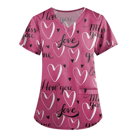 

QWERTYU Professionals Scrubs Top for Women Pockets Working Nursing Scrubs Holiday Valentine s Day T Shirt Short Sleeve V Neck Uniform Hot Pink 3XL