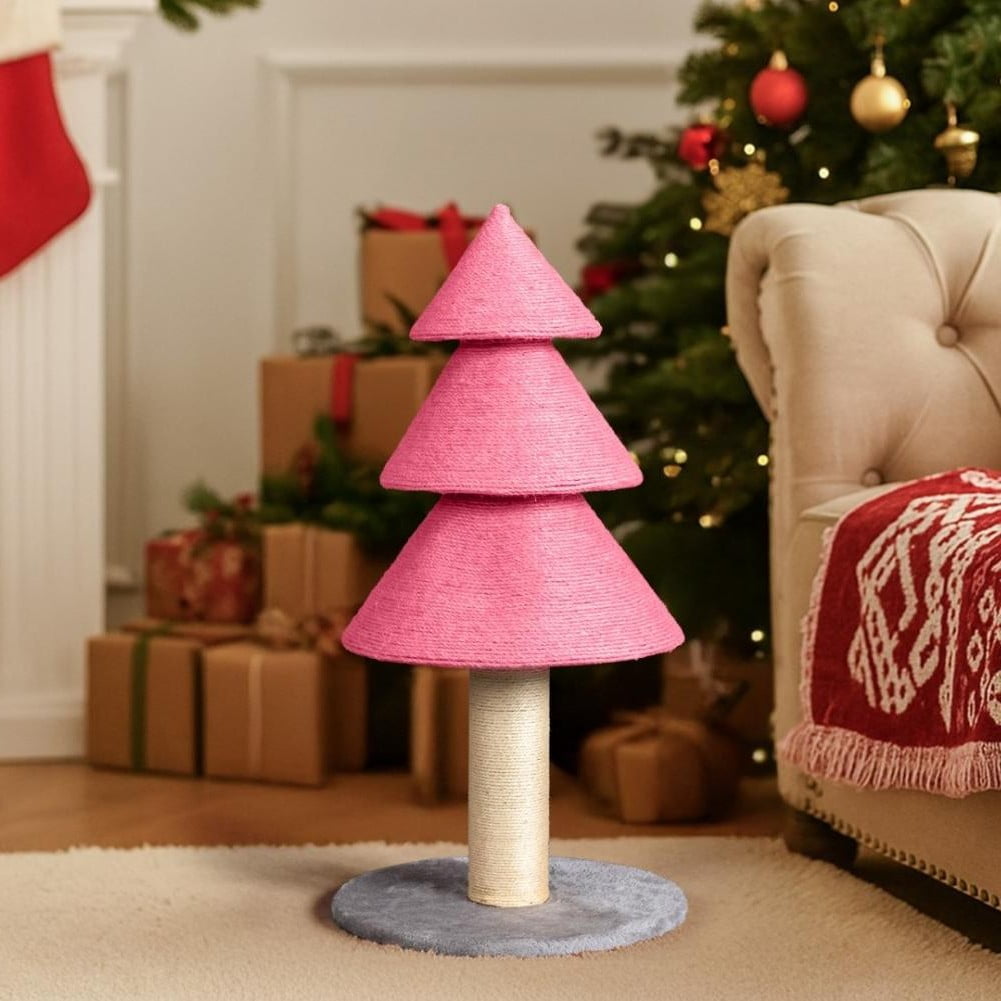 Tcbosik Pink Christmas Tree Cat Scratcher, 31.5-Inch Cat Scratching Post with Sisal Rope & Soft Gray Fleece Base, Festive Pet Toy for Holiday Decor