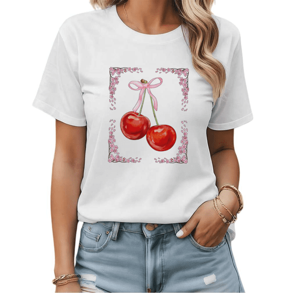 Cherry & Pink Floral Frame Graphic Tees Womans T-shirt Black/White S-5XL Shirts Coquette Fruit Tops