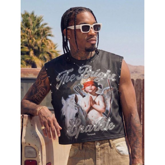 Mens Black Streetwear Muscle Tank Top With Rhinestone Graphic And Studded Trim