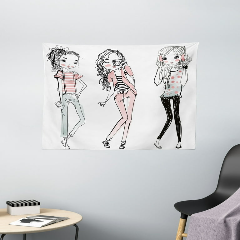 Ambesonne Fashion House Decor Tapestry, Sketch of Cute Cartoon Elegant Girls with Makeup Clothes Illustration Image, Wall Hanging for Bedroom Living Room Dorm