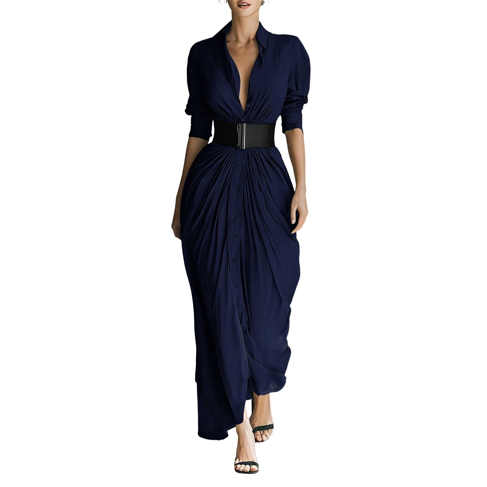 YueHuiYing Women's Single Breasted Shirt Lapel Elegant Belt Slim Fit Pleated Long Sleeves Solid Color Slit Party Dress