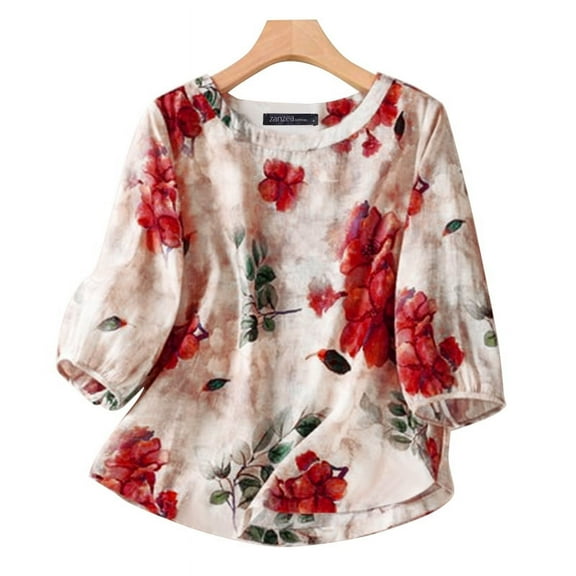 ZANZEA Women Floral Printed Crew Neck 3/4 Sleeve Loose Blouse Summer Holiday Casual T Shirt Tops