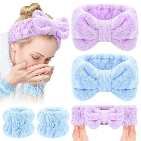 4 Pcs Spa Headband Wrist Washband Scrunchies Cuffs for Washing Face, Towel Wristbands Hair Headband Face Wash Wristband for Women Girls Makeup Prevent Liquids from Spilling (Light Blue, Purple)