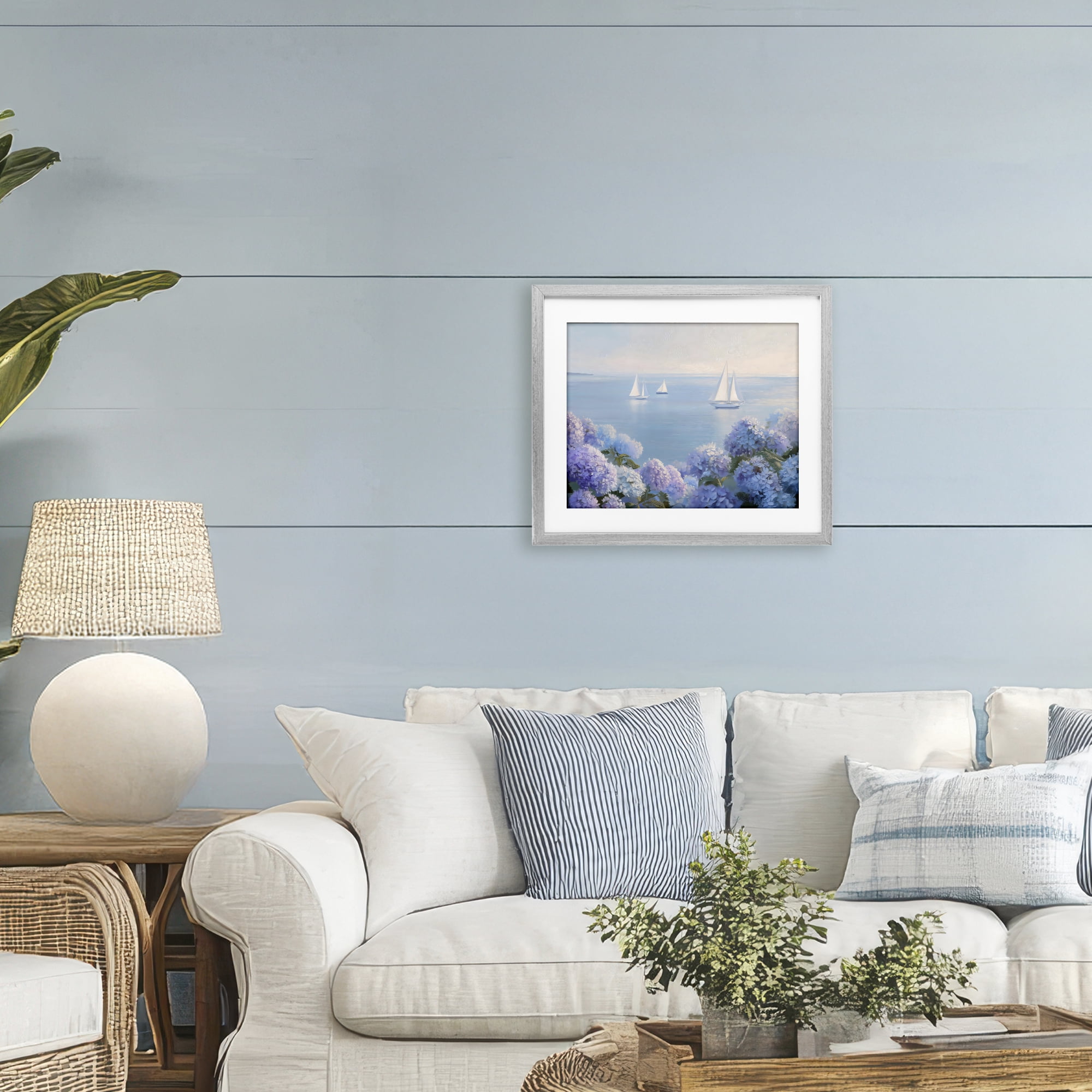 Stupell Industries Sailboats & Hydrangeas at Sea Gray Framed Print Under Glass, design by LSR Design Studio