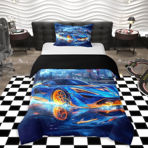Erosebridal Blue Fast Car Twin Bedding For Kids Boys,Car Theme Duvet Cover Set For Teens,Black Reversible,Luxury Bedroom Decor,2pcs,No Comforter