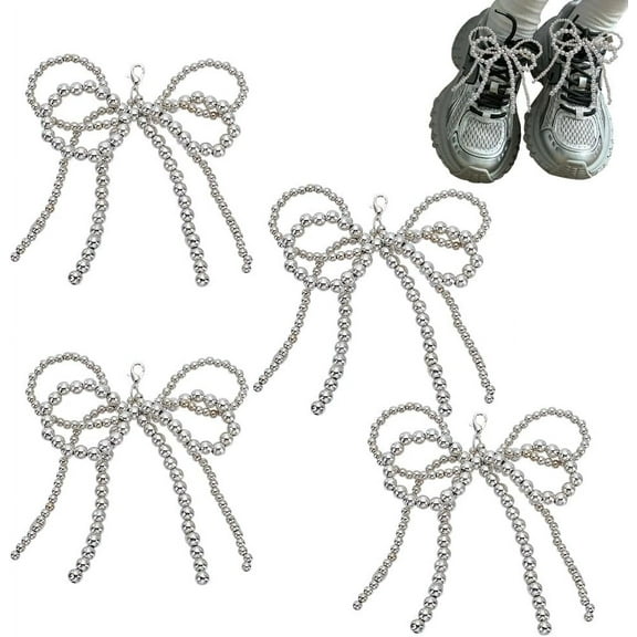 4Pcs Pearls Shoelace Charms Bowknot Shoe Charms Pearl Shoe Clip Charms Shoelace Jewelry Charms Shoelace Accessories for Women Sneaker Casual Shoes Decoration Silver