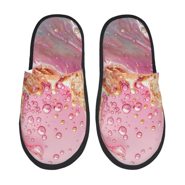 Lsque Abstract Pink Gold Splash Print Fuzzy Slippers Fuzzy Soft House Slippers Plush Furry Warm Cozy Open Toe Fluffy Home Shoes-Medium