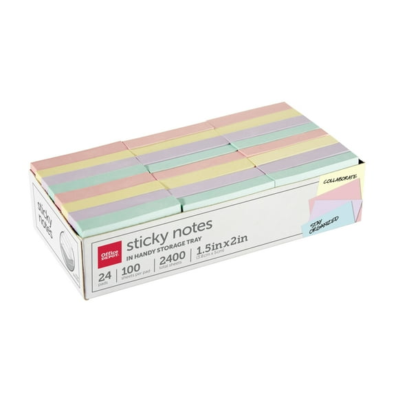 Office Depot® Brand Sticky Notes, With Storage Tray, 1-1/2" x 2", Assorted Pastel Colors, 100 Sheets Per Pad, Pack Of 24
