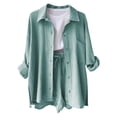 thumbnail image 5 of Linen Sets for Women 2 Piece Summer Long Sleeve Button Down Shirts High Waisted Shorts Set Oversized Tracksuit Mint Green, Size XXL, 5 of 6