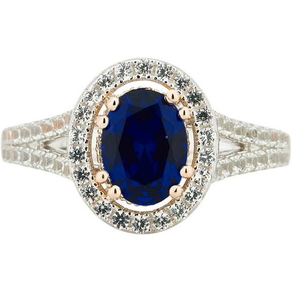 Created Blue and White Sapphire Gemstone Two tone Sterling Silver Split Shank Ring