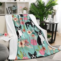 Green Boston Terrier and Flower Blanket,Comfortable Soft Flannel Throw Blanket,All Season,Warm Lightweight Blankets for Sofa Bed Couch Living Room Chair,50"x60"(130x150cm)