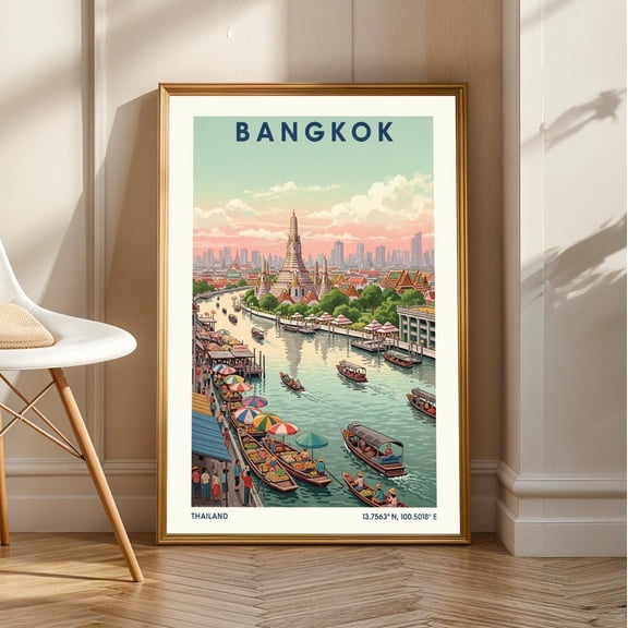 Bangkok Floating Market Art Print: Thailand Travel Poster, Unframed Canvas Size 24x36