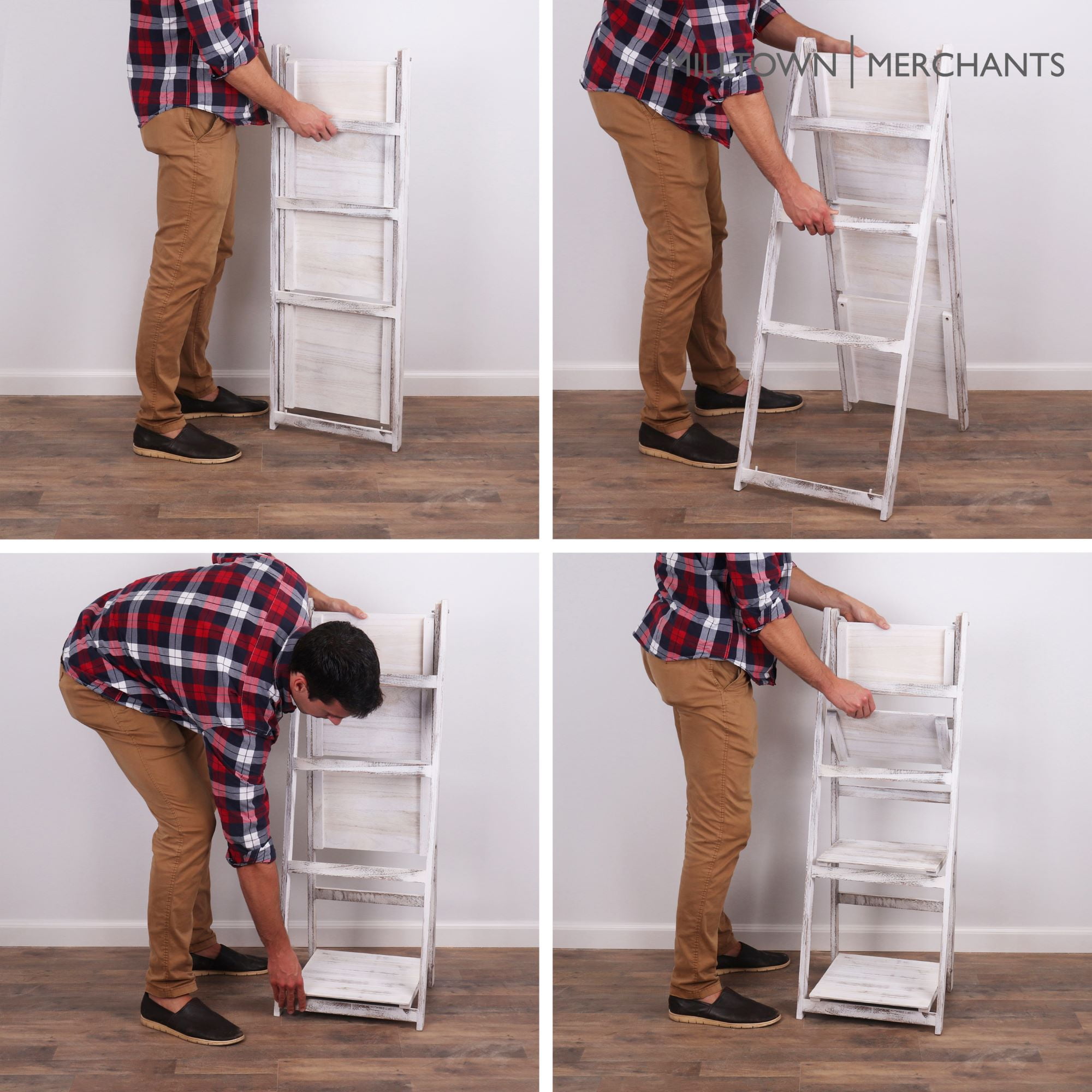 Milltown Merchants Distressed Ladder Shelf - Rustic Leaning Bookshelf - White