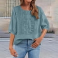 thumbnail image 2 of XPMWRP Women's 3/4 Length Sleeve Top Dressy Casual Crew Neck Embroidered Summer Top Pleated T-Shirts Loose Fit Work Blouses Blue XXXL, 2 of 6