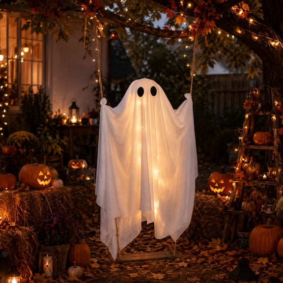 Outdoor Halloween Decorations Hanging Ghost with LED Lights, Remote Control and Timer, 51" Light Up Ghost Decor for Yard, Porch, Tree, Patio and Haunted House
