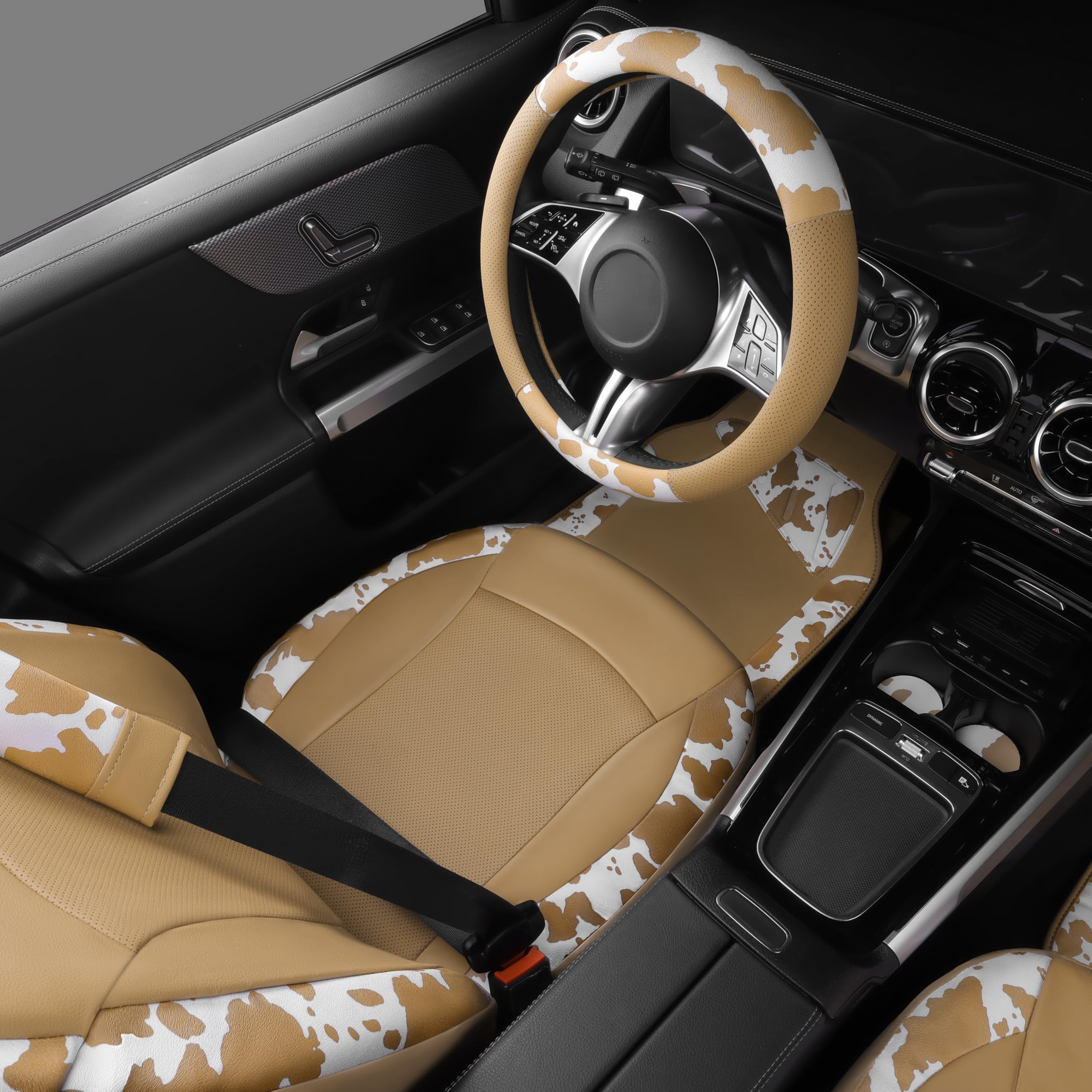 CAR PASS Leopard Print Faux Leather Car Seat Covers & Leopard Car Mats&Leopard Steering Wheel Cover Seat Belt Pad Universal Car Accessories for SUV,Van,Saden,Truck Automobile Interior Sets