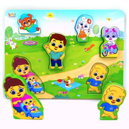 Lucas & Friends Wooden Family and Friends Puzzle for Toddlers Ages 2-5 Montessori Educational Learning Toy with Easy-Grip Character Pieces
