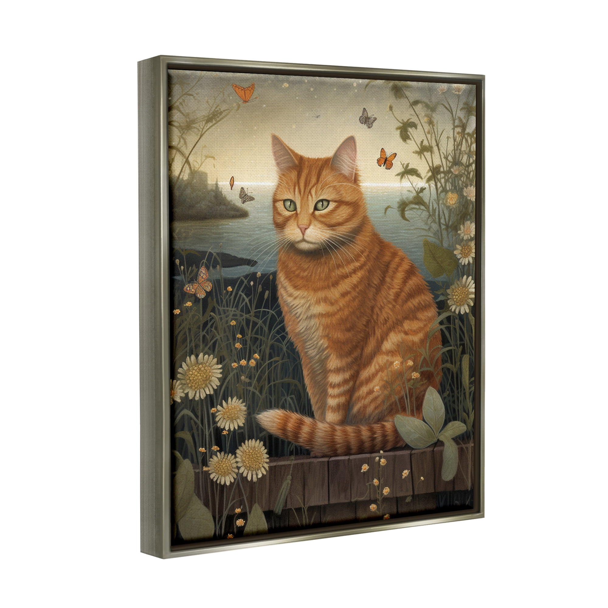 Stupell Industries Orange Cat by Pond Animals & Insects Painting Gray Floater Framed Art Print Wall Art, 17 x 21