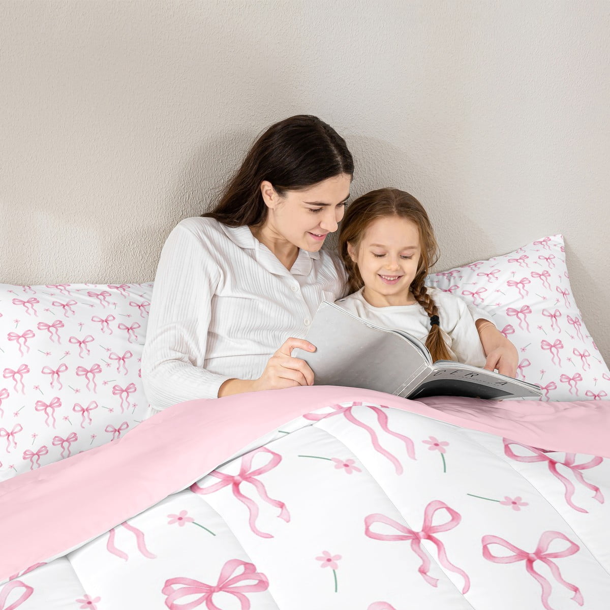 jejeloiu Kawaii Bow Queen Comforter Set,Girls Bow Knot Bedding Sets,Pink White Flower Bedding Comforter Set For Child,Breathable Bedroom Decorative Reversible,3-Piece