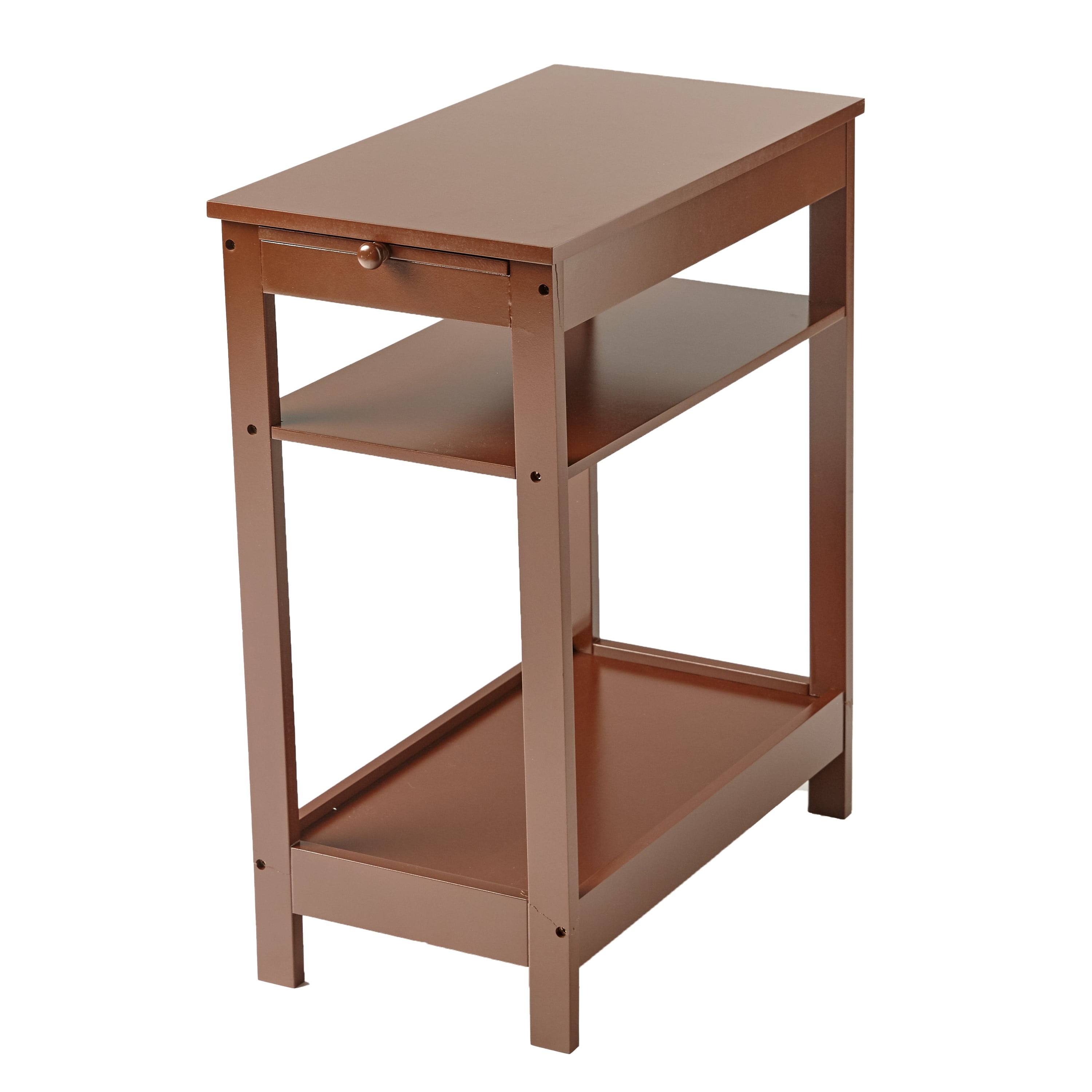 Compact Side Accent Table with Sliding Pull Tray and Shelf Walnut