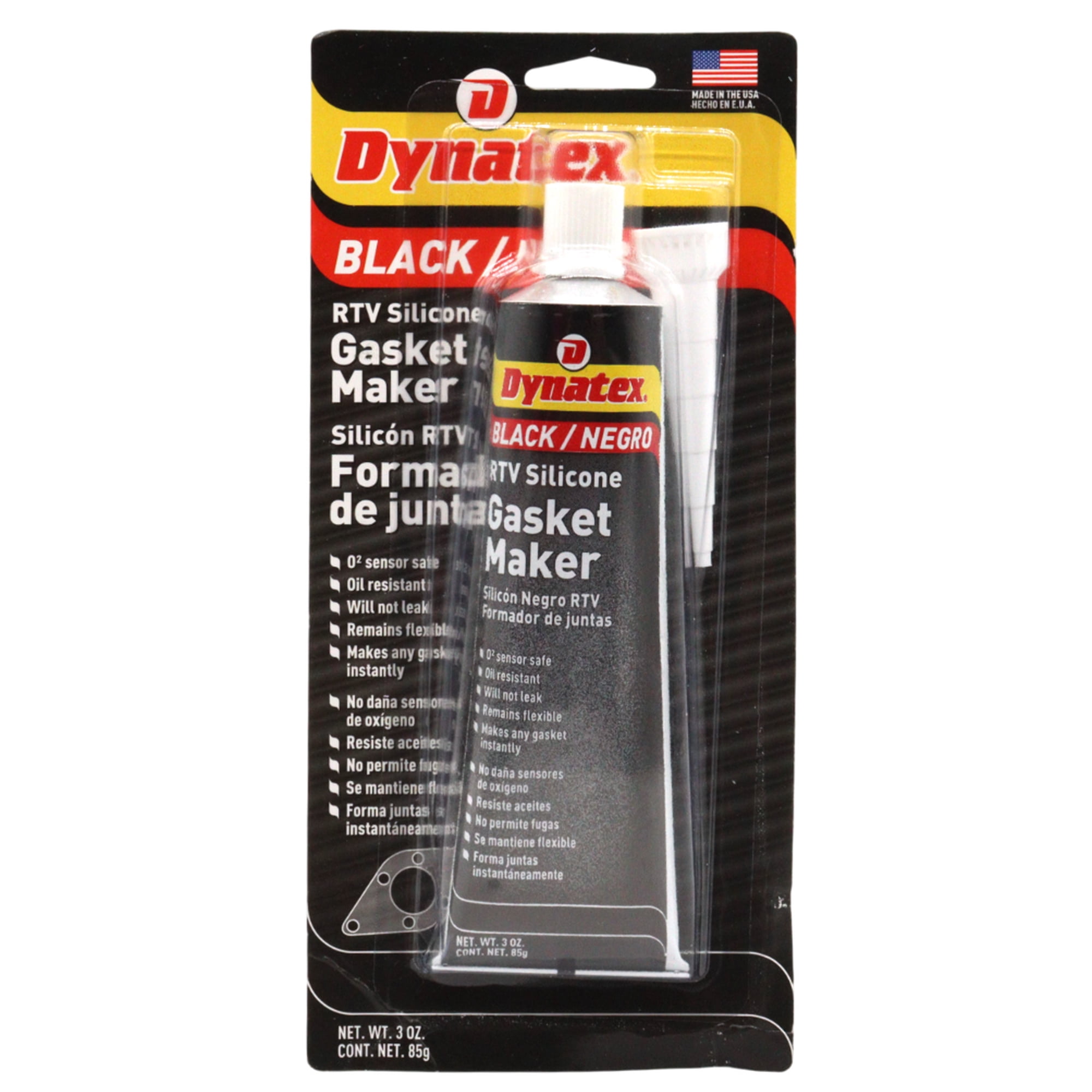 Dynatex Black RTV Silicone Gasket Maker 3 oz Tube - Oxygen Sensor Safe, OEM Specs, 500°F Hi-Temp, Oil/Water Resistant, Made in the USA (Single)