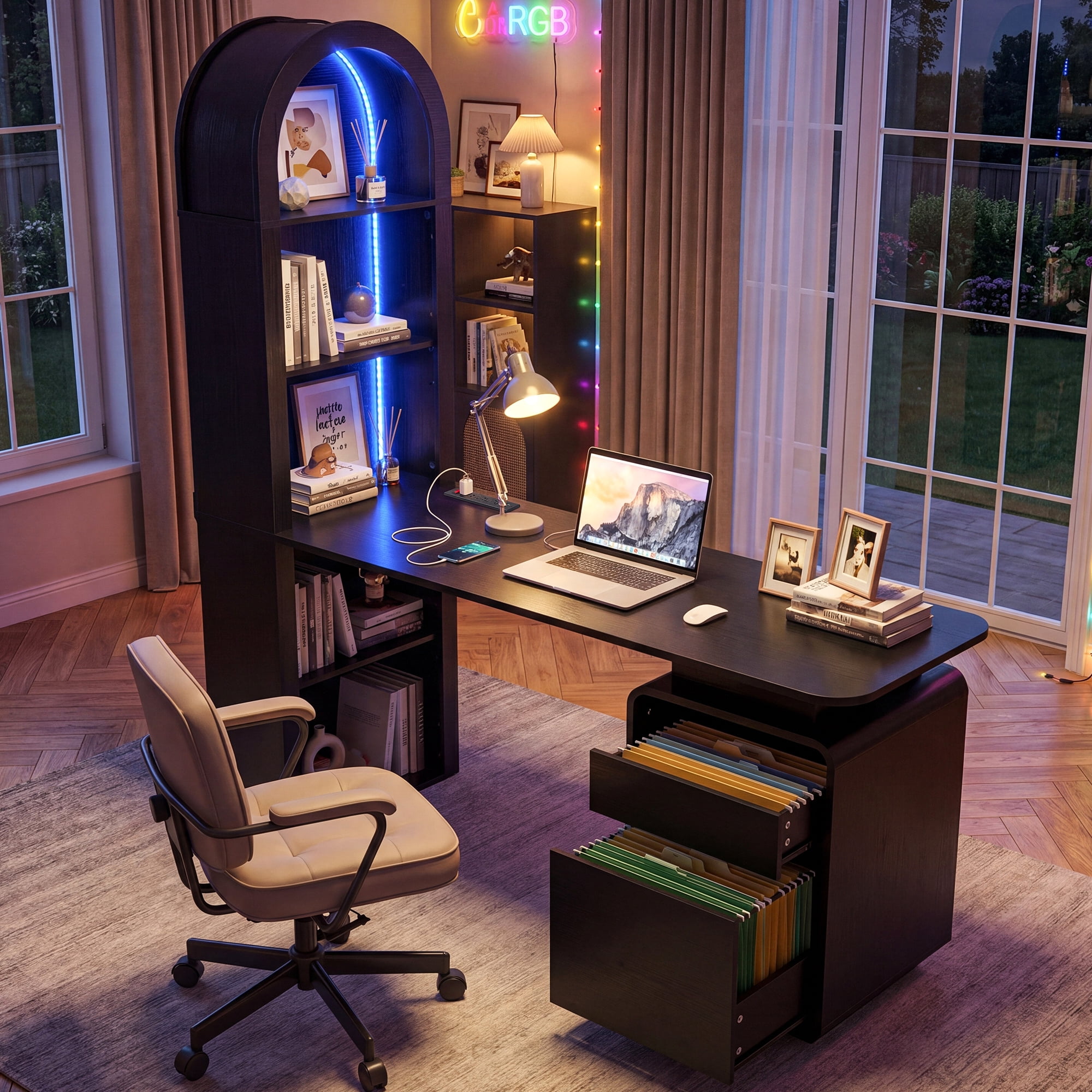 Uforic 59 Inch Modern L-Shaped Computer Desk with RGB LED Light, Built-in Charging Station for Home Office Gaming Study Room, Black