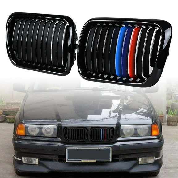 Astra Depot Glossy Black M-Color Front Kidney Grille Grill for 1997-1999 BMW E36 3-series LCI Facelift (1 Pair)